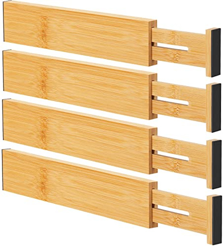 Ryqtop Bamboo Drawer Dividers Organizers, Kitchen Drawer Organizer, Adjustable Drawer Divider for Clothes, Kitchen, Dresser, Bedroom, Bathroom and Office, 4-Pack (Natural, 12-17 IN)