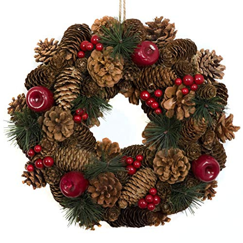 GreenBrokers Christmas Hanging Wreath 32cm- Festive Pine Cone Display with Red Berries, D1224