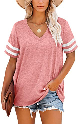 Aokosor Överdimensionerade T-shirts för kvinnor V-ringad damer randig ärm sommartoppar ledig lös tröja, Stylea-korall, XXL