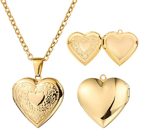MeMeDIY Collier Médaillon Coeur Personnalisé Contient Une Texte de Gravure d'image Commémorative Photo pour Femmes Fille Maman Grand-Mère Pendentif d'amour en Acier Inoxydable(Couleur Or)