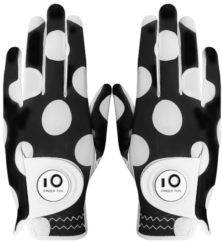 FINGER TEN Ladies Golf Gloves Pair for Left & Right Hand (Black, S)