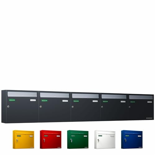 AL Briefkastensysteme Basic 5er Briefkasten RAL 7016 Anthrazit Grau/Einwurfklappe RAL 9006 Weiß Aluminium 5 Fach DIN A4 wetterfest mit Posthaltebügel und 2 Namensschildern