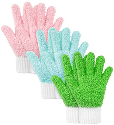 3 Pairs Microfiber Dusting Gloves House Kitchen Cleaning Gloves Reusable Dusting Mitt for Windows, Blinds, Shutters, Mirrors(Grass Green, Water Blue, Pink)