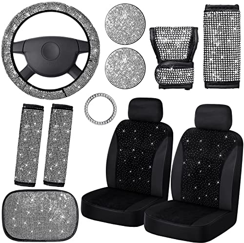 Frienda 13er-Set glitzernde Autositzbezüge, Diamant-Autozubehör, Strass-Kristall-Lenkradbezug, glitzernde, atmungsaktive Mittelkonsole aus Samt, universelle Autoinnenausstattung (weiß)