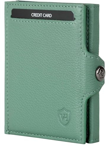 VON HEESEN Slim Wallet mit Münzfach & RFID-Schutz - Mini Geldbörse Herren & Damen - Kartenetui Geldklammer Kreditkartenetui - Portmonee Geldbeutel Portemonnaie klein (Türkis Silver-Pine)