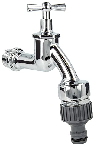 tecuro Auslaufventil 1/2 Zoll, Knebeloberteil, Rohrbelüfter DVGW, Steckkupplung, Dichtband - Messing hochglanzverchromt - 22762-PD