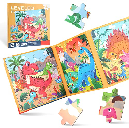 Kinderpuzzle Magnet, 20-30-42 Teile Magnete Puzzlebuchen für Kinder, Magnetische Puzzle Beschäftigung für Kleinkind 5 6 7 Jahren im Flugzeug, Autospiele (Dinosaurier Schwierigkeitsgrade-Stufe 5)