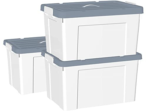 Cetomo 65L*3 Caja de Almacenamiento con Asa, Caja de Plástico con Tapa y Cierre Seguro, Contenedor de Almacenamiento Grande, Duradera, Apilable, Resistentes, Blanco, Paquete de 3 de 65L