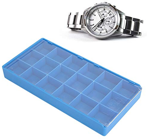 Cyrank Caja de almacenamiento de piezas de reloj de plástico, caja organizadora de piezas tipo cajón accesorios de reloj bandeja de almacenamiento herramientas de reparación de relojero(18 Grids)