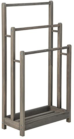 RELAX4LIFE 3-Tier Towel Rack, Freestanding Towel Rail Towel Holder with Bottom Shelf & Anti-Tipping Device, Wooden Towel Drying Bar Stand for Bathroom Hotel Poolside (Vintage Grey)