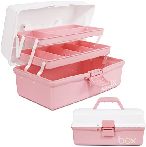 Creahaus 12in 3 Layer Multipurpose Storage Box/Craft Storage Boxes With Compartments/Plastic Tool Box/Medicine Storage Box/Hair Accessories Organiser/Sewing Box with 2 Trays (Pink White)