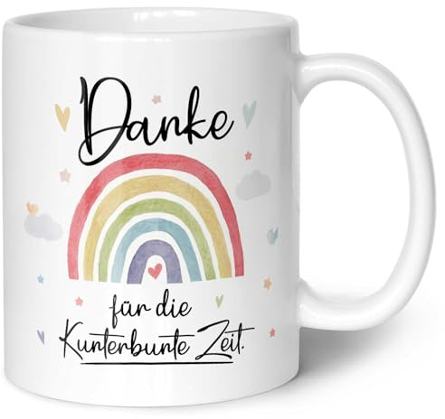 GRAVURZEILE Bedruckte Tasse mit Spruch - Danke für die Kunterbunte Zeit - Geschenk für Erzieher Lehrer zum Kindergarten Abschied - Geschenk als Dankeschön - Farbe Regenbogen - Weiß