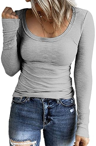 TrendiMax Damen Langarmshirt Rundhals Stretch Pullover Elegant Langarm Oberteile Tee Shirts Casual Bluse Basic Tops, Grau, S