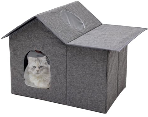 Katzenhaus im Freien, Faltbares wasserdichtes Katzenhaus im Freien, mit transparentem Vorhang, winddicht, einfach zu montieren, Oxford-Tuch, wasserdichtes Katzenhaus für drinnen und draußen (Grau)