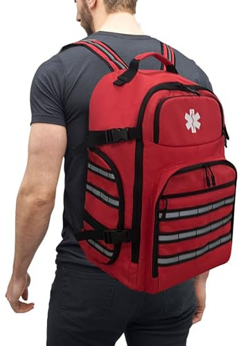 Yabcany Professioneller Notfall-Rucksack, Erste-Hilfe-Trauma-Rucksack, leer, mit reflektierenden Streifen und rutschfester Unterseite, für Camping, Wandern, Reisen (rot, groß), Rot/Ausflug, einfarbig