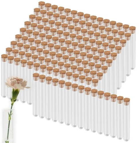 JIAYUET 150 tubos de ensayo de plástico transparente de 15 x 100 mm con tapa de corcho, tubos de muestra de almacenamiento de sellado transparente de 10 ml para bricolaje, dulces, semillas