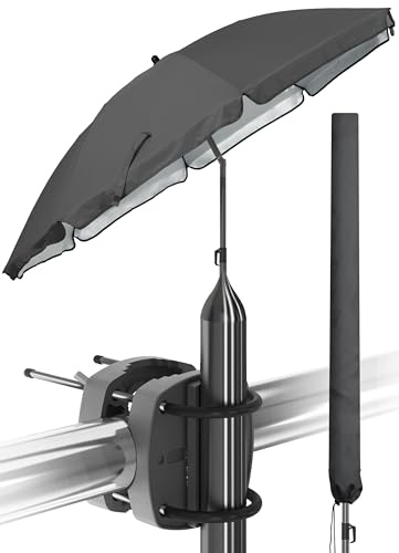 Menz Sonnenschirm Balkon als Sonnenschutz Balkon 3-IN-1 Set - UPF 50+ Sonnenschirm 180 cm in Anthrazit + Sonnenschirmhalter Balkongeländer + Sonnenschirmhülle für Balkon, Terrasse & Garten