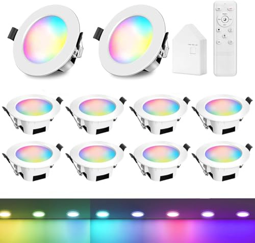 GEYUEYA Home Einbaustrahler Led 10er Set, 9W 230V Smart Bridge | RGBCW Dimmbar, Mit Fernbedienung, Bluetooth/WLAN Steuerung per App, Mesh-Netzwerk