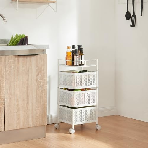 [en.casa] Sunndal rullvagn med 3 nivåer kökshylla i flera lager med hjul, serveringsvagn av stål, utfällbara korgar, hylla för kök, badrum 64,5 x 27 x 27 cm vit