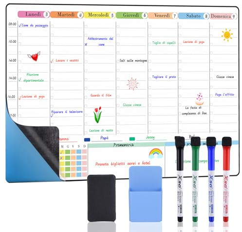 POPRUN Lavagna Cancellabile Adesiva da Parete 60×40 cm, Calendario e Pianificazione Settimanale Familiare, Memo da Parete, Ideale per Agenda Famiglia e Pianificazione dei Pasti - in Italiano