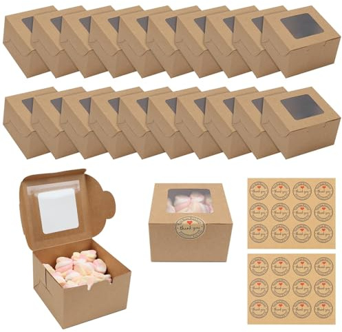 10 Pcs Cake Boxes for Cake Portions Cookie Boxes with Window ＆ 12 Stickers | Brown Cupcake Boxes Individual for Cupcakes Desserts Pastries Cookies Small Cakes Candy Pies & Gifts