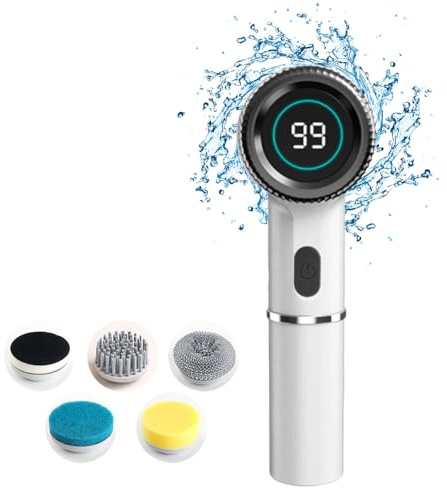 Elektrische Reinigungsbürste, Badezimmer Schrubber Putzbürste Elektrisch mit LCD Display, 3 Geschwindigkeitsstufen und 5 Austauschbaren Bürstenköpfen für Badezimmerfliesenböden in der Küche