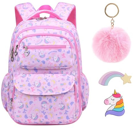 IHCEMIH School Backpack, Girls Cute Bags for Primary Secondary School Multi Pocket Casual Unicorn Daypacks Childrens Travel Rucksack Elementary Book Bag Pack with Keychain Badge for Kids Teen Pink