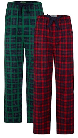 GLOBAL Pantaloni pigiama da uomo 100% flanella di cotone Rosso a Scacchi Verde a Scacchi L