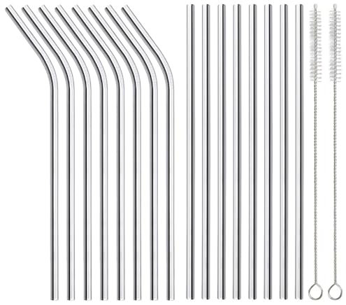 16 x Metal Stainless Steel Reusable Drinking Straws Eco Friendly & Cleaning Brush, Party Summer Use Birthday Smoothie Milk Shake Water Juice Silver Bent & Straight Straws