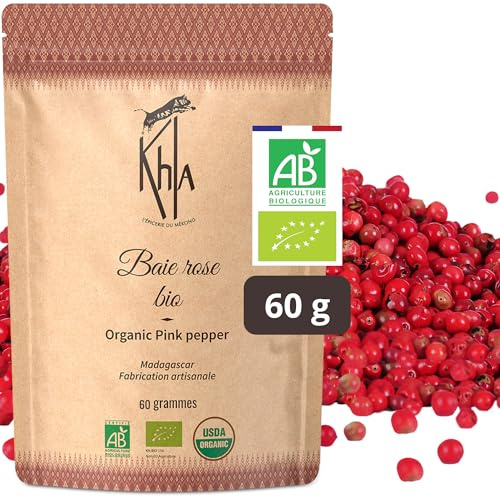 Khla - Pepe Rosa 60 g - Certificato Biologico - Bacche Rosa Intere del Madagascar - Qualità Premium - Pepe Rosa Bourbon - Sapore Dolce e Fruttato - Diretto dal Produttore - Origine Madagascar