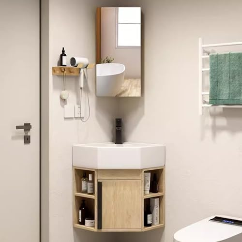 DYUNCZ Eckwaschbecken mit Unterschrank, Waschbeckenunterschrank Hängend, Badezimmerschrank mit Waschbecken und Spiegelschrank, Badmöbel Set für Kleine Bäder(45cm)