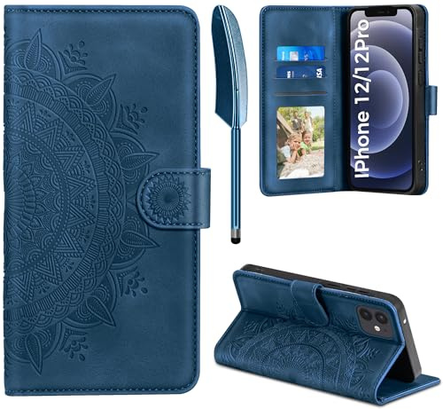 Handyhülle für iPhone 12/12 Pro, Hülle für iPhone 12 Pro / iPhone 12 Lederhülle Flip PU Leder Tasche Case Kartenfach Magnet Ständer Klapphülle Schutzhülle für iPhone iPhone 12/12 Pro 6.1, Dunkelblau