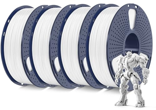 SUNLU Filamento ABS da 4 kg, 1,75 mm, per stampante 3D, ABS resistente al calore, funzionale, resistente agli urti, 1 kg per bobina, 4 rotoli, bianco