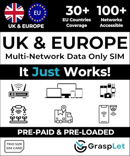Carte SIM de données multi-réseaux 4G/5G UK et EU | Se connecte automatiquement au signal le plus fort | 12 mois de validité