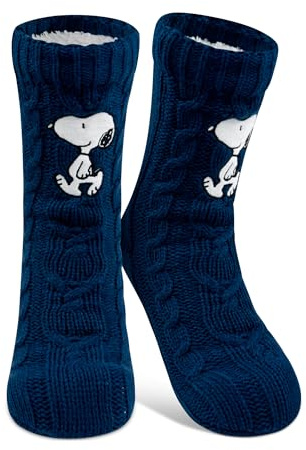 United Labels Snoopy Hut Knitted House Socks with Sherpa Lining - Women's Cuddly Fluffy Winter Warm Socks, Blue, One Size, 38-43