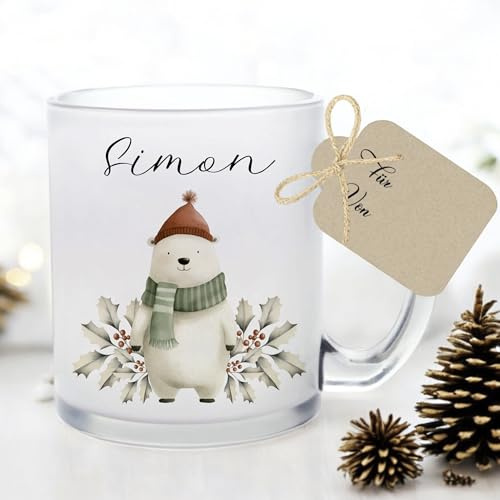 Manufaktur Liebevoll I Tasse Weihnachten Glastasse Glühweintasse mit Namen Weihnachtstasse personalisiert Tasse Nikolaus Weihnachtsgeschenke Kinder Glühwein Frauen Männer Mädchen Jungen Eisbär (Simon)