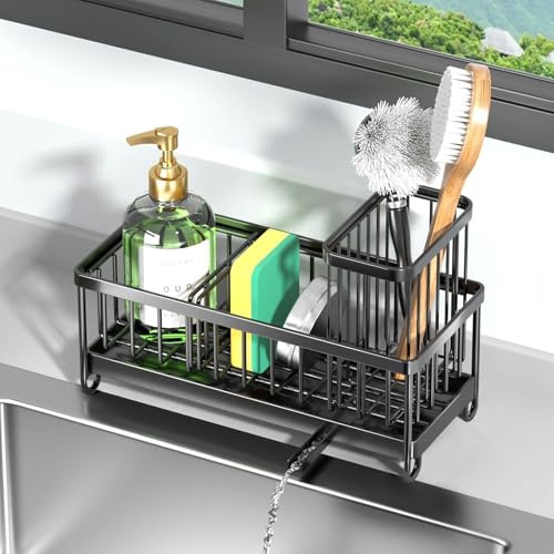 Kitchen Sink Organiser, Sink Caddy Organiser with Self-Draining Drain Tray, Black Kitchen Sink Accessories Storage Rack, Kitchen Washing up Organiser with Brush Holder, Washing up Utensil Caddy