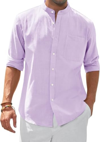siliteelon Men's Shirts Grandad Collar Long Sleeve Banded Collar Linen Shirts Regular Fit Beach Shirt with Pocket