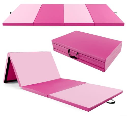 GYMAX Gymnastikmatte faltbar, tragbare Trainingsmatte mit Griffen & Klettverschlüssen, Weichbodenmatte, Turnmatte für Yoga, Gymnastik & Kampfsport, 300 x 117 x 5 cm (Rosa + Gelb + Grün)