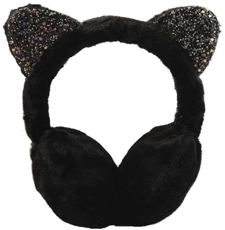 FIHDIOPO Ear Muffs Women Girls Earmuffs Winter Accessories Fluffy Plush Adjustable Adults Outdoor Thermal Ear Warmer Skiing Running Cat Ears Covers Protector from Wind Cold Gift for Girls Ladies Black