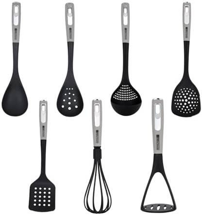 ROYALFORD 7 PC Nylon Kitchen Utensil Set for Cooking Safe on Non-Stick | Serving Slotted Spoon & Spatula Skimmer Soup Ladle Egg Whisk Potato Masher