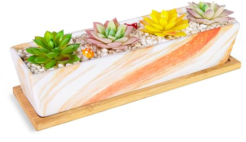 ARTKETTY Pots de Fleurs succulentes – Grand Pot de Fleurs succulentes avec Plateau de Drainage, Rebord de fenêtre, Pot Long rectangulaire en céramique pour Plantes de Cactus d'intérieur, bonsaï Peu