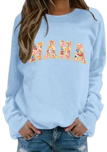 Generisch Felpe ricamate da donna con motivo nonna: maglione casual con scollo rotondo e applicazione floreale per nonna Sweater Vintage, Azzurro, M