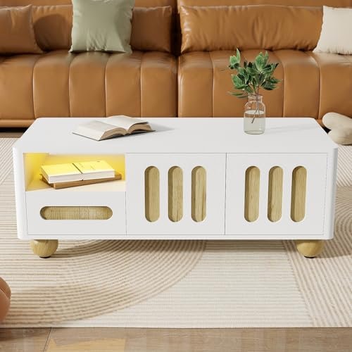 Moderne Couchtisch Holzoptik TV-Ständer mit 4 Türen 2 Schubladen Stauraum und offenem Fach LED-Licht Sideboard 105x50x40 cm Abgerundete Ecken kugelförmige Tischbeine Weiß 1102