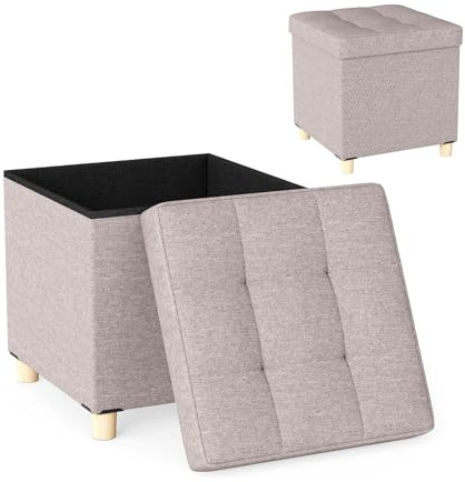 HOMASIS Faltbarer Sitzhocker mit Stauraum & gepolstertem Deckel, Fußhocker aus Leinenstoff, Aufbewahrungsbox für Schlafzimmer, Flur, Wohnzimmer, Hocker Tragkraft 150 kg, 45x45x45cm (Beige)