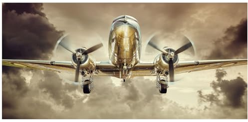 levandeo Leinwand Flugzeug XXL 115x55cm Wandbild Bild Kunstdruck Retro Wanddeko Vintage Leinwandbild Propeller Wandkunst