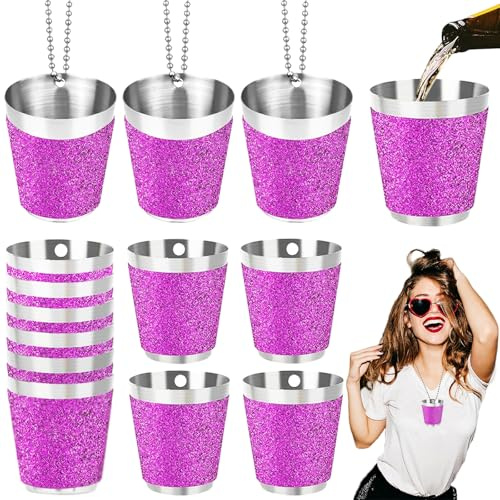 Begpoee 12 stycken shotglas rostfritt stål 30 ml, skottmugg metall att hänga på, snapsbägare med kedja, för bröllopsfester karneval födelsedagsfest möhippor (4,2 x 3,7 cm, lila + silver)
