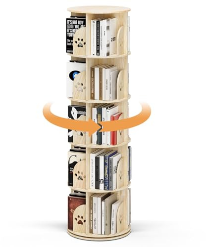 STYPLZ Libreria girevole a 360°, in legno, multifunzione, in legno massiccio, con 5 ripiani regolabili, 46 x 46 x 160 cm, ideale per libri e decorazioni