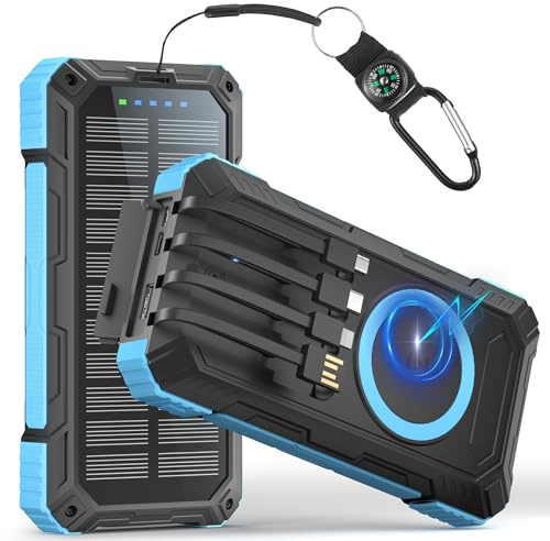 56800mAh Batterie Externe, Power Bank Solaire sans Fil avec Charge Rapide 30W PD, 6 Ports, 4 Câbles Intégré, Lampe Torche, Chargeur Portable pour Camping, Randonnée, Téléphones et Tablettes