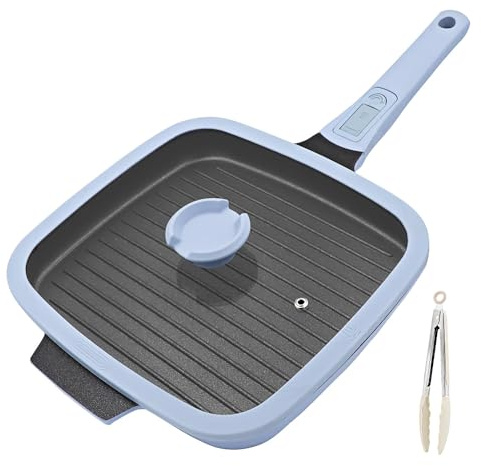 RANX INGST Sartén Grill 26 x 24 cm con Tapa y Mango Extraíble, Azul | Sartén grill cuadrada para carne y verduras; aluminio fundido, tapa, revestimiento antiadherente y mango extraíble.